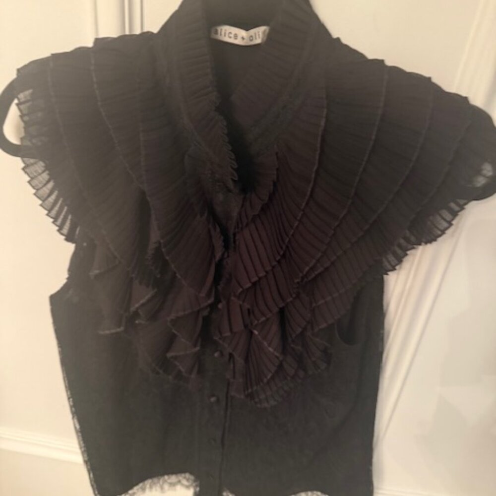 Alice and Olivia Black Pleated Lace High-Neck Collar Blouse